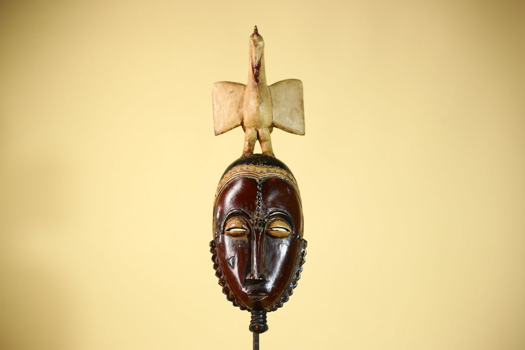 African Guro Mask with Bird Crest Hand Carved Tribal Wood Art Wall Display-G6059