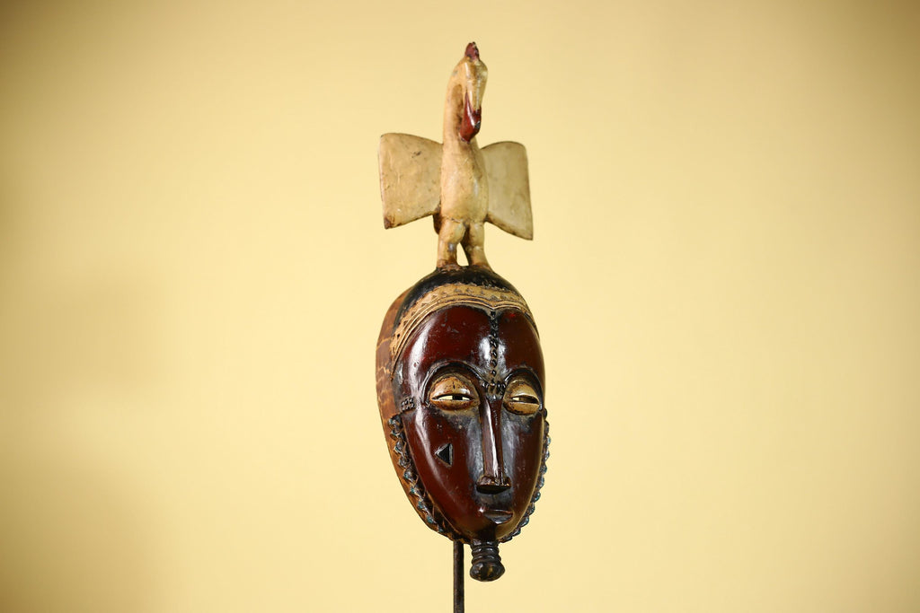 African Guro Mask with Bird Crest Hand Carved Tribal Wood Art Wall Display-G6059