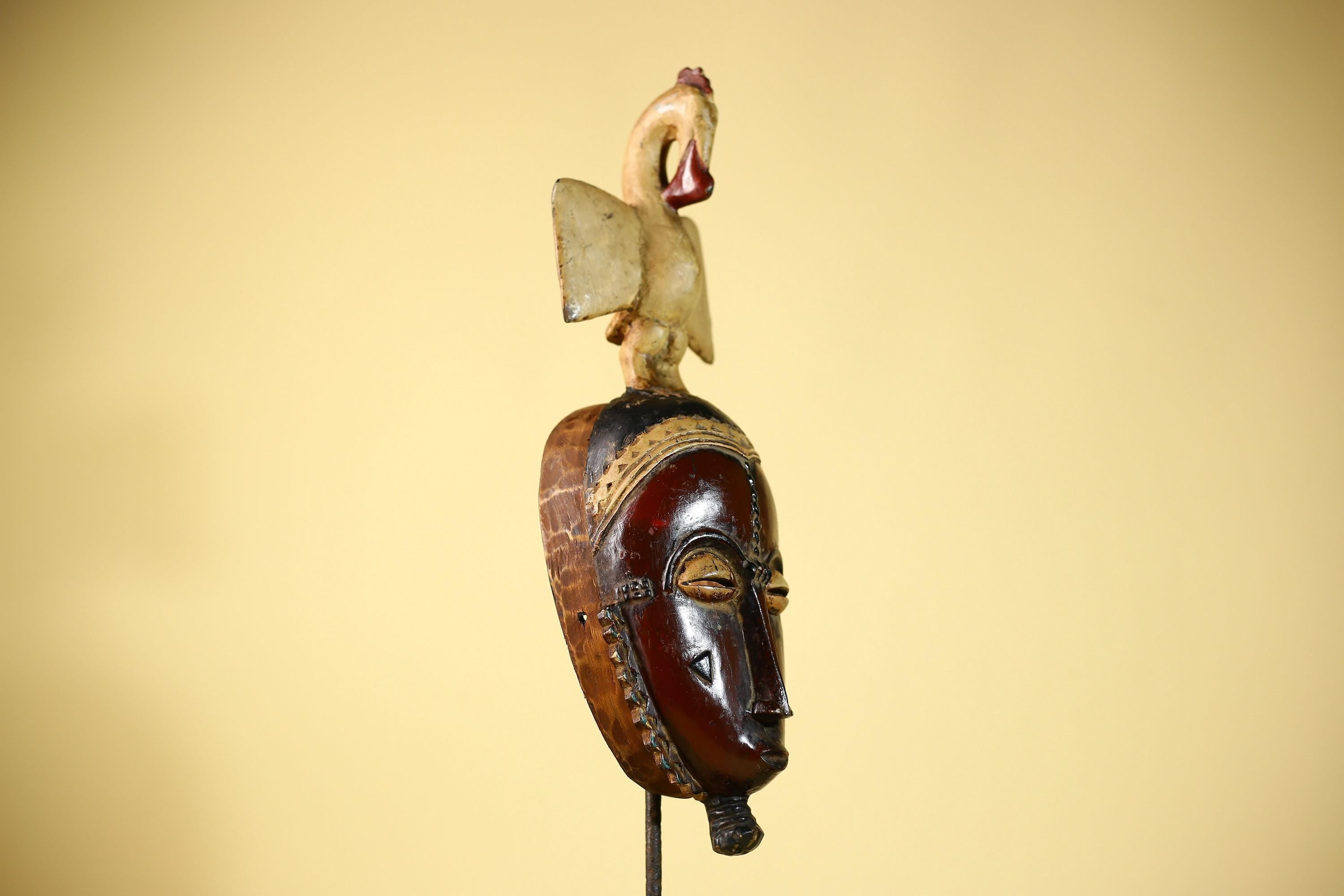 African Guro Mask with Bird Crest Hand Carved Tribal Wood Art Wall Display-G6059