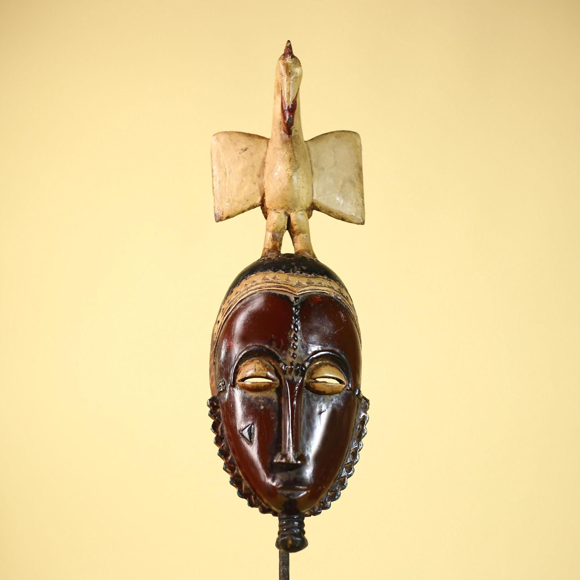African Guro Mask with Bird Crest Hand Carved Tribal Wood Art Wall Display-G6059