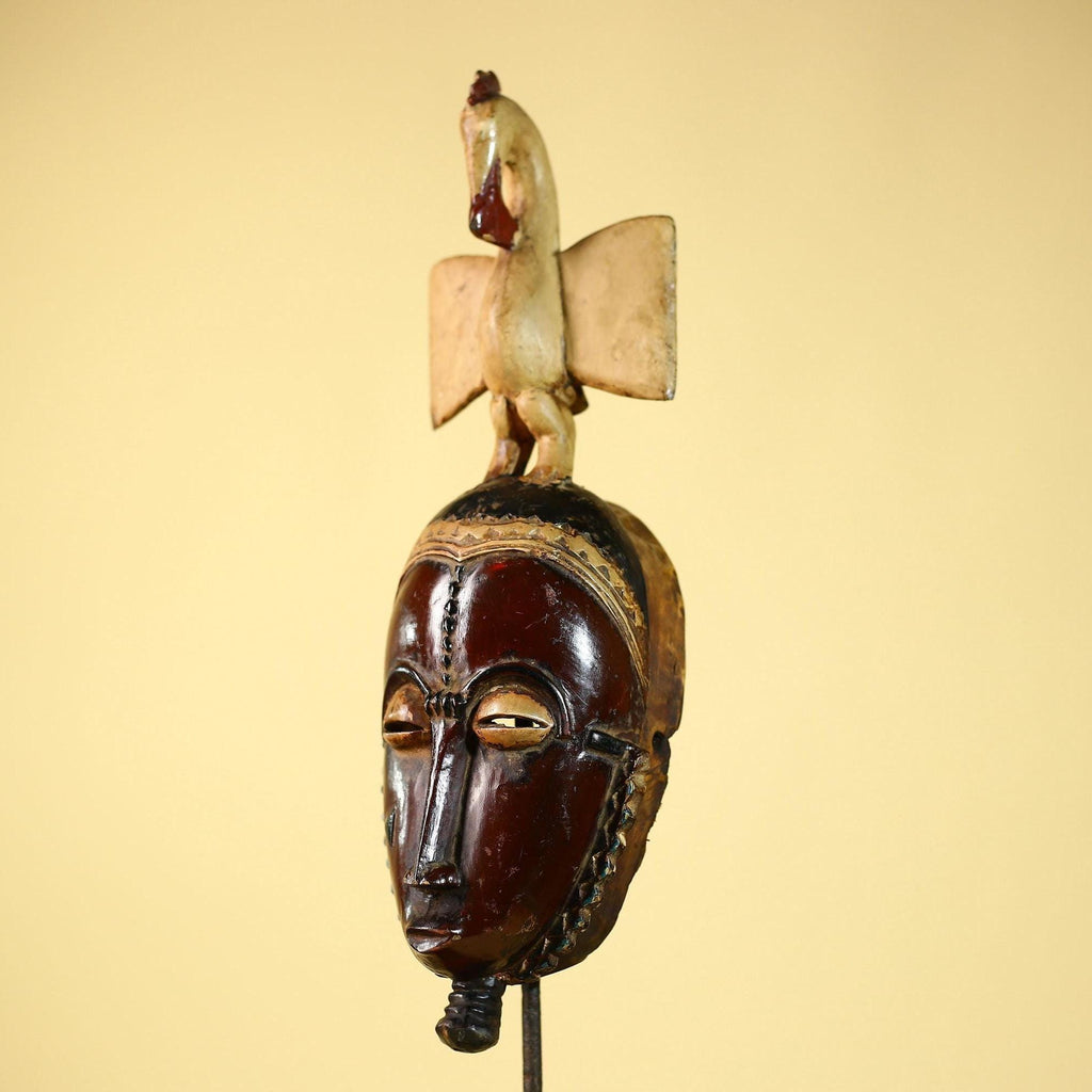 African Guro Mask with Bird Crest Hand Carved Tribal Wood Art Wall Display-G6059