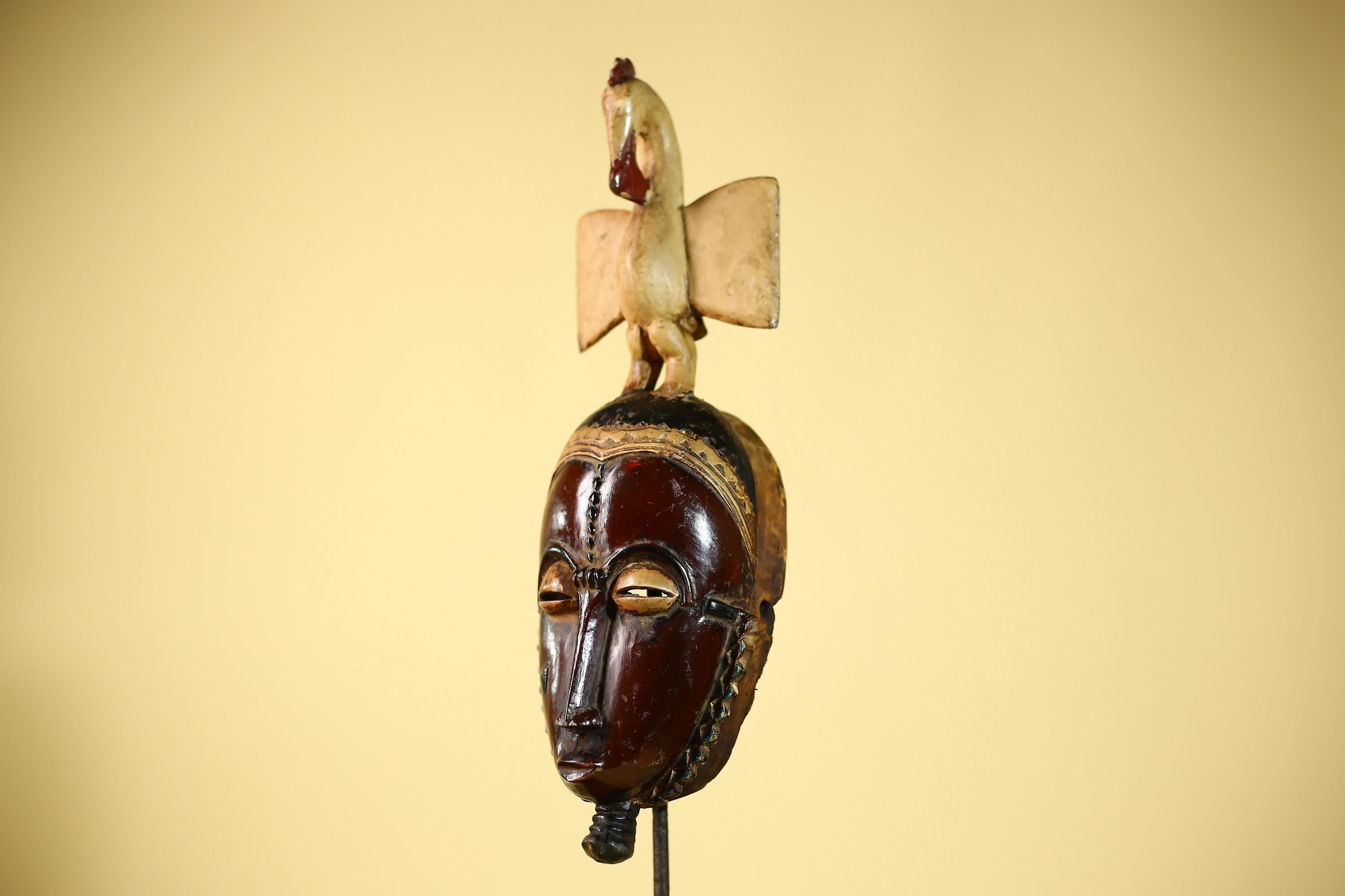 African Guro Mask with Bird Crest Hand Carved Tribal Wood Art Wall Display-G6059