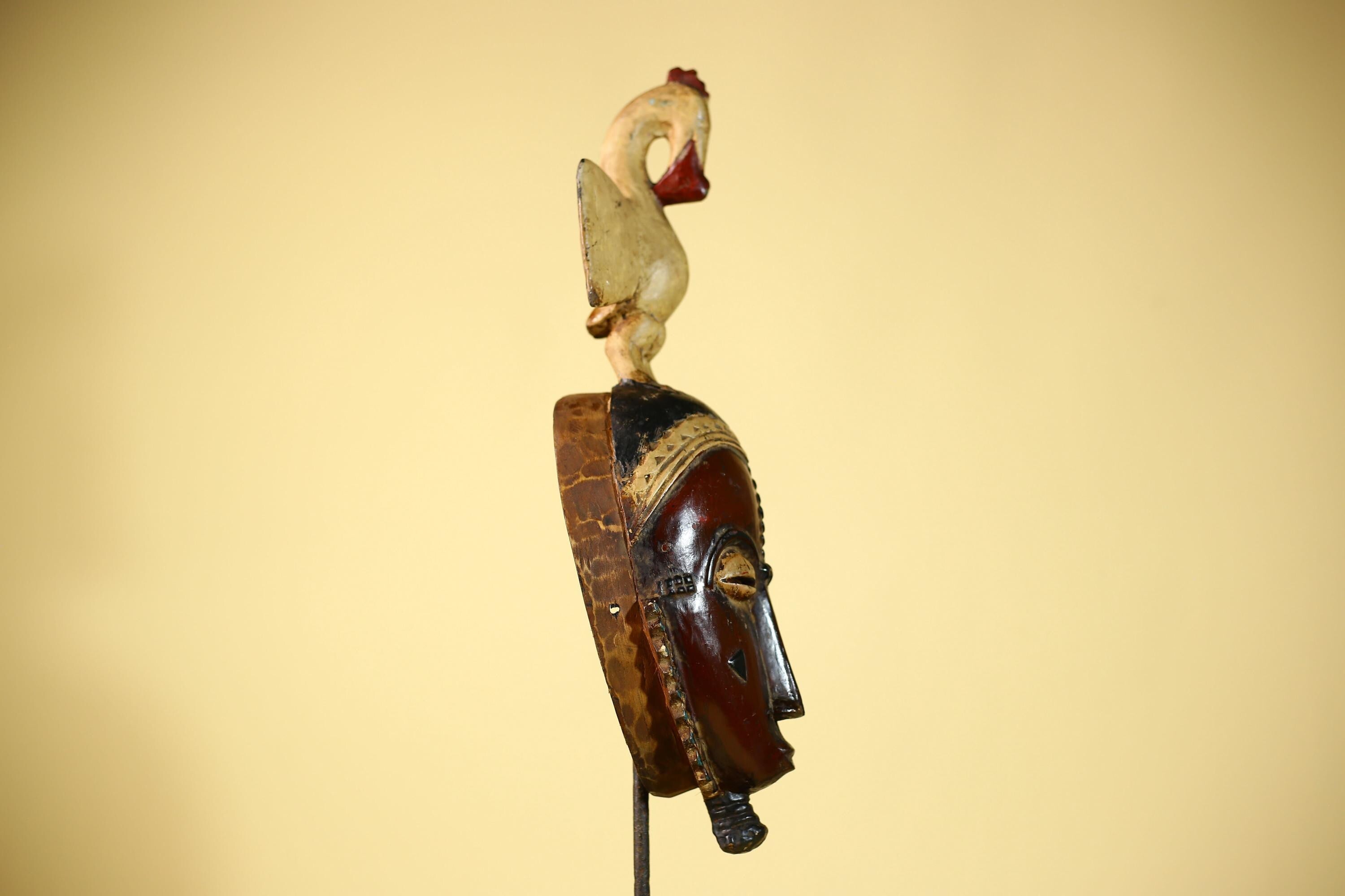 African Guro Mask with Bird Crest Hand Carved Tribal Wood Art Wall Display-G6059