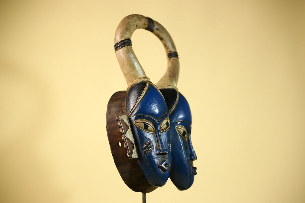 Guro Mask Double Face with Looped Horns Hand Carved Tribal Art Decor-G6060