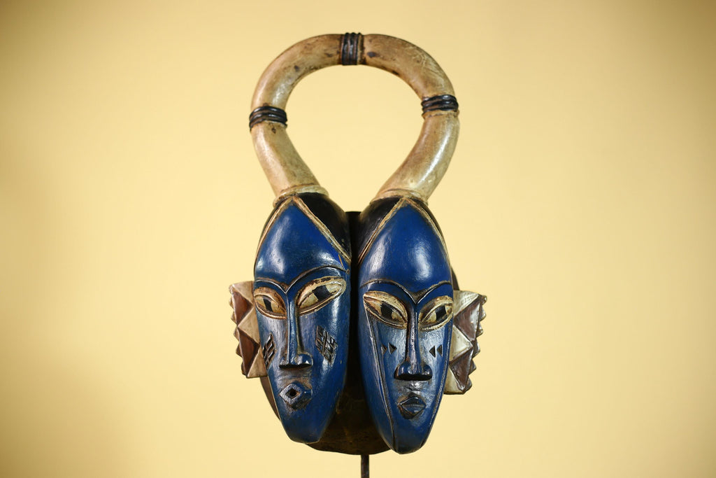 Guro Mask Double Face with Looped Horns Hand Carved Tribal Art Decor-G6060