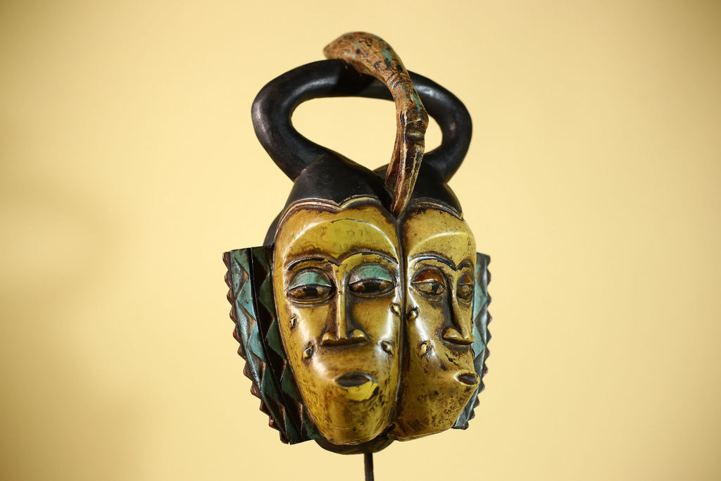 African Guro Mask Double Face Tribal Art Serpent Crest Carved Wall Decor-G6061