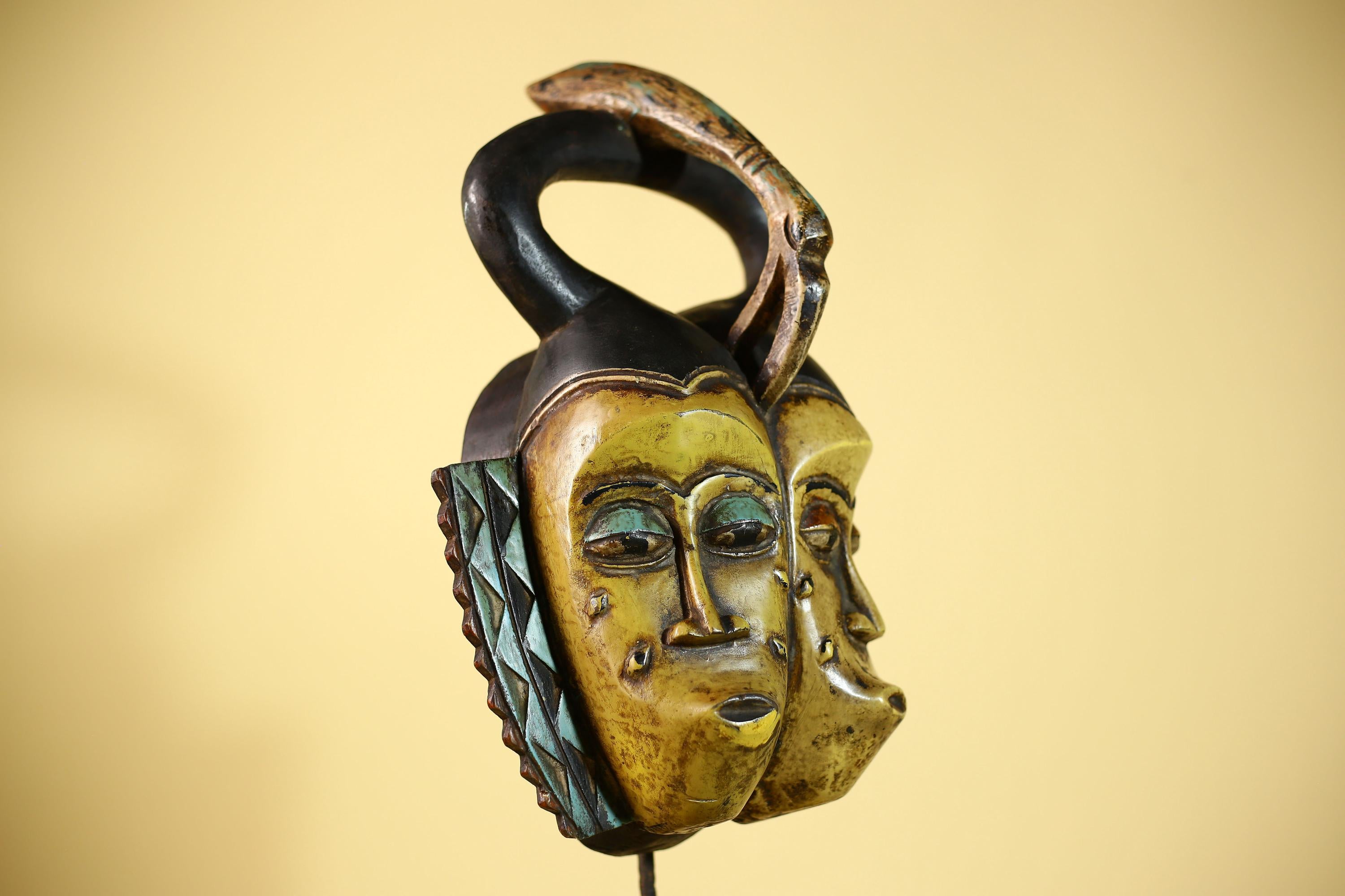 African Guro Mask Double Face Tribal Art Serpent Crest Carved Wall Decor-G6061