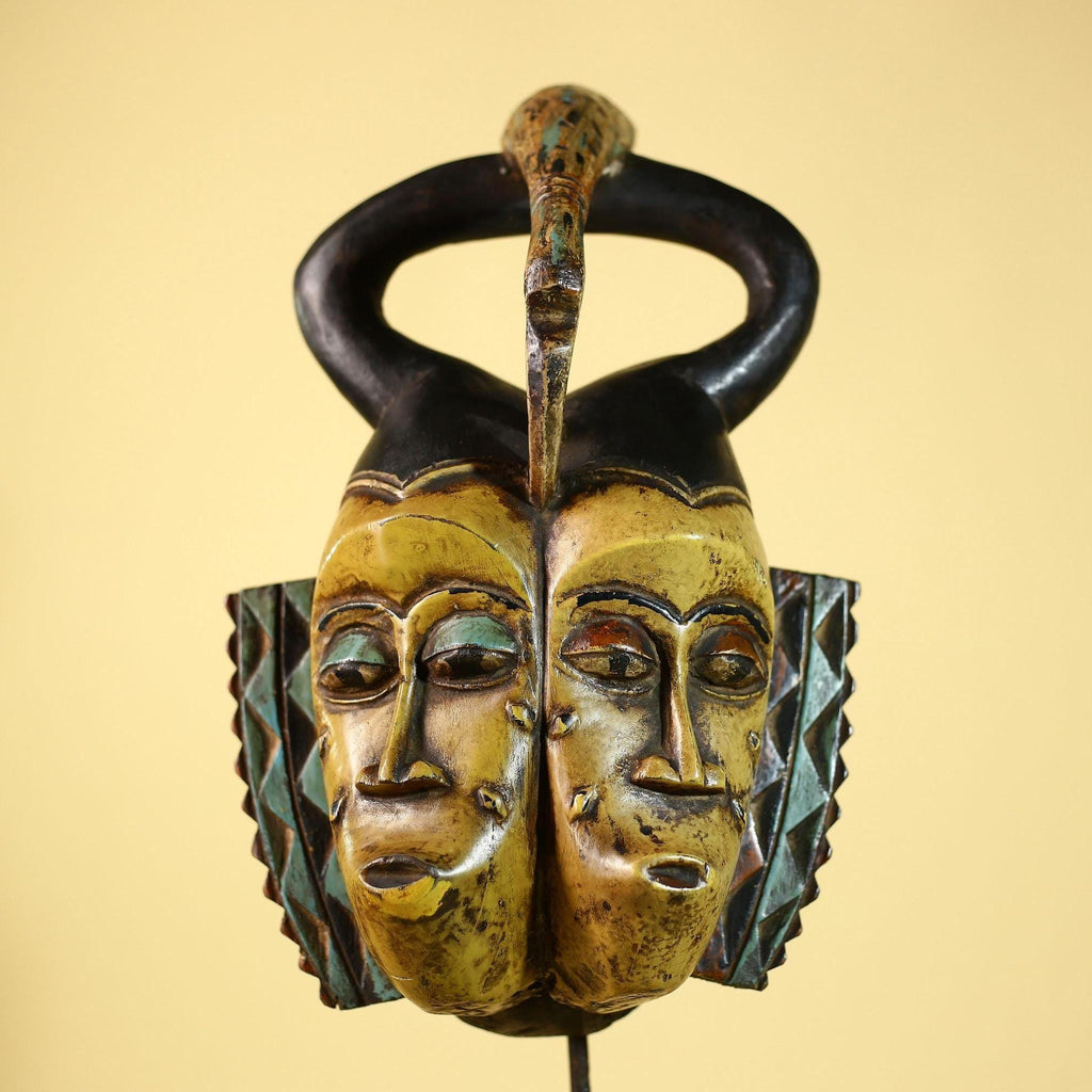 African Guro Mask Double Face Tribal Art Serpent Crest Carved Wall Decor-G6061