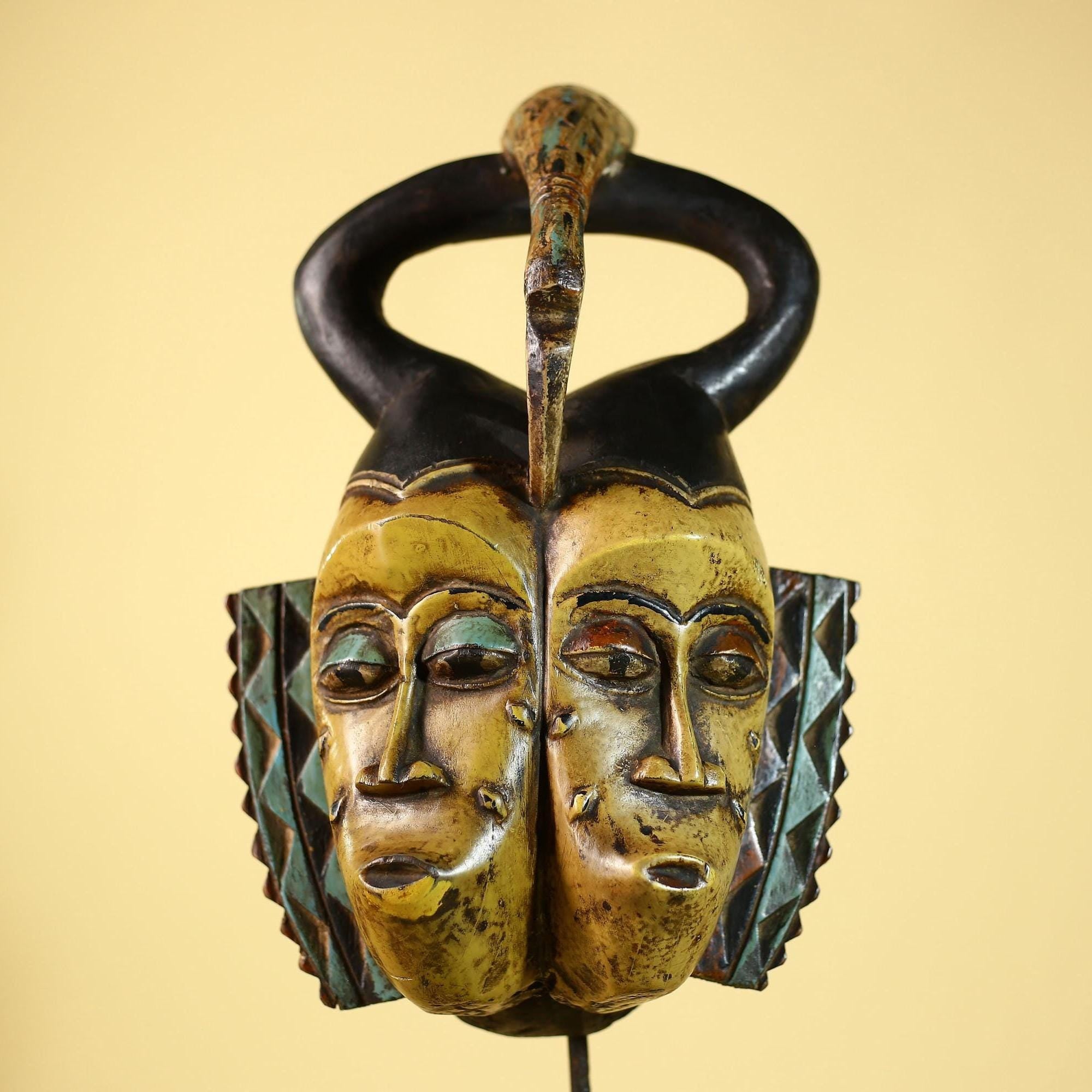 African Guro Mask Double Face Tribal Art Serpent Crest Carved Wall Decor-G6061