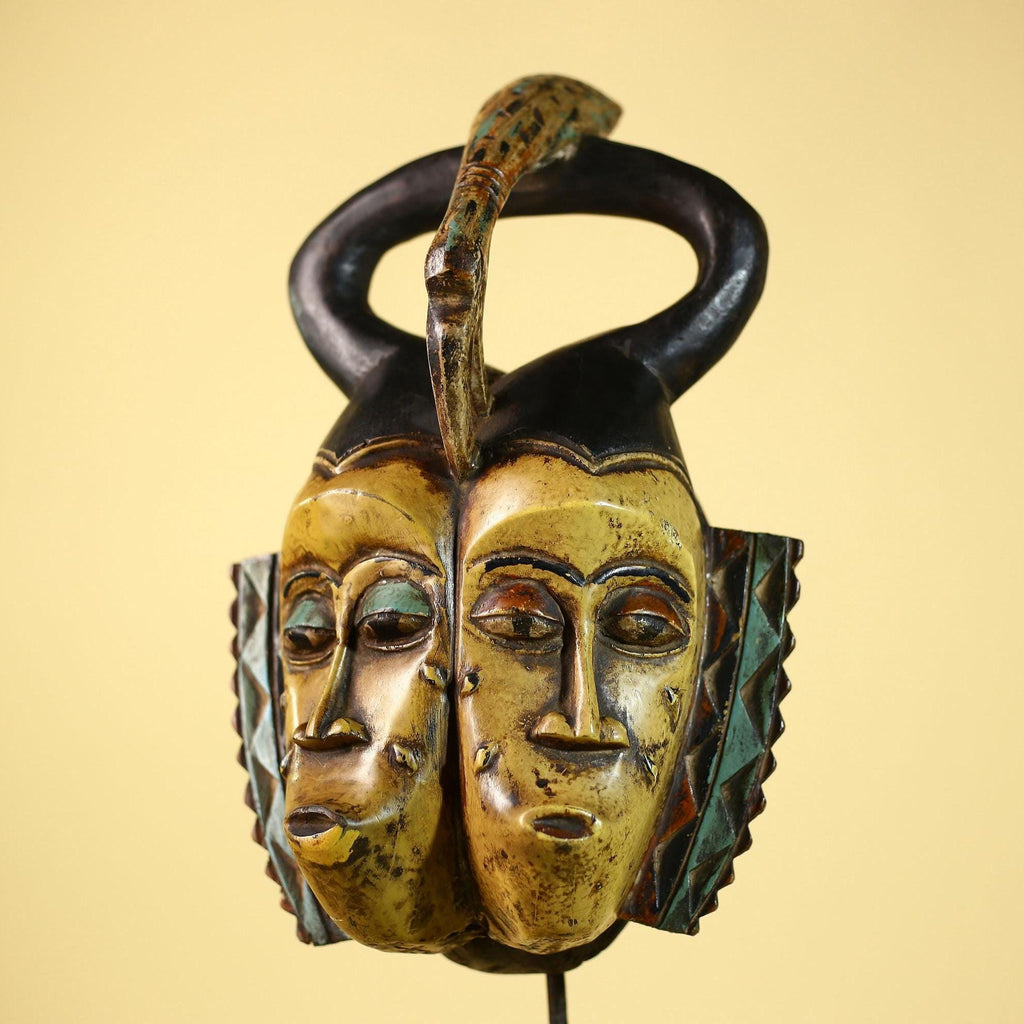 African Guro Mask Double Face Tribal Art Serpent Crest Carved Wall Decor-G6061