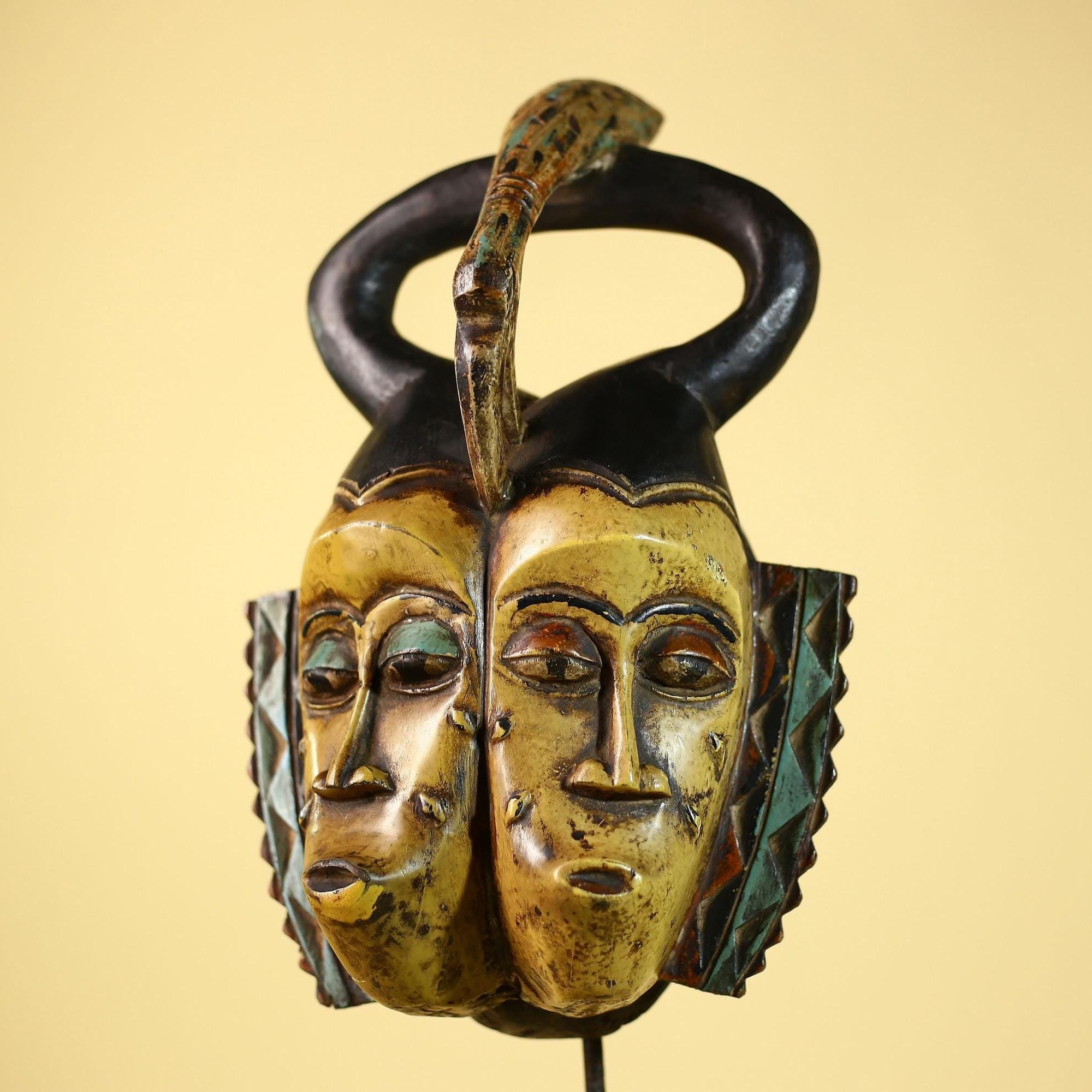African Guro Mask Double Face Tribal Art Serpent Crest Carved Wall Decor-G6061