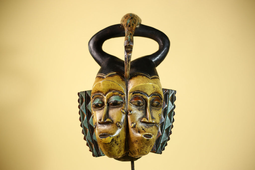 African Guro Mask Double Face Tribal Art Serpent Crest Carved Wall Decor-G6061