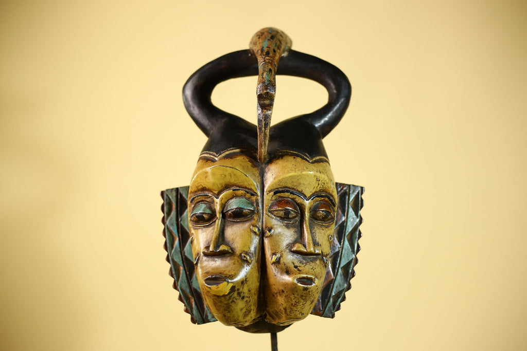 African Guro Mask Double Face Tribal Art Serpent Crest Carved Wall Decor-G6061