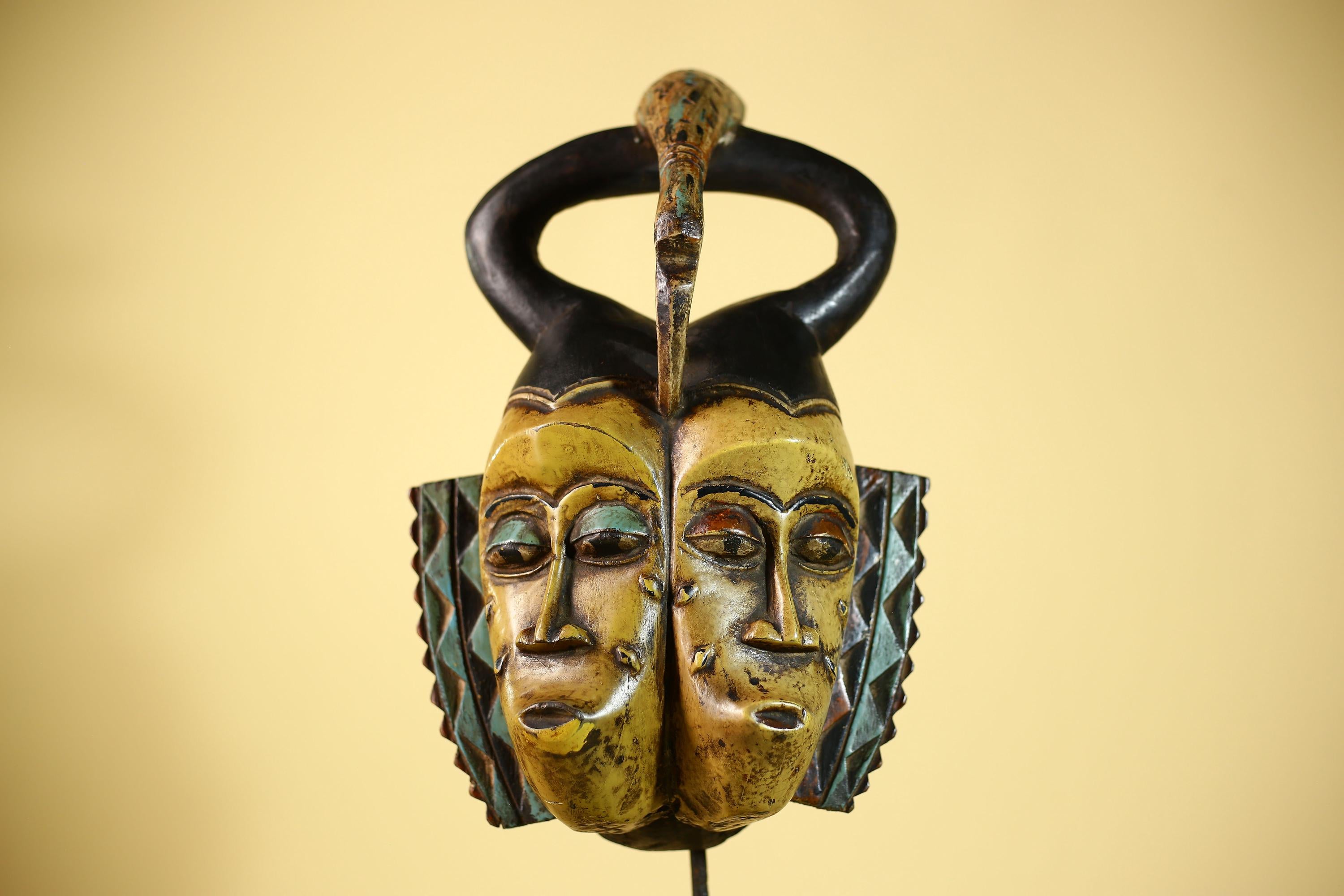 African Guro Mask Double Face Tribal Art Serpent Crest Carved Wall Decor-G6061
