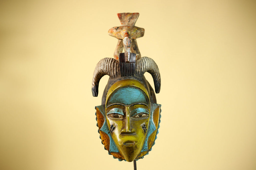 African Guro Face Mask Ram Horns & Bird Crest Hand Carved Tribal Art Decor-G6062