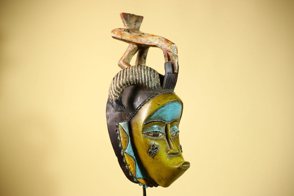 African Guro Face Mask Ram Horns & Bird Crest Hand Carved Tribal Art Decor-G6062