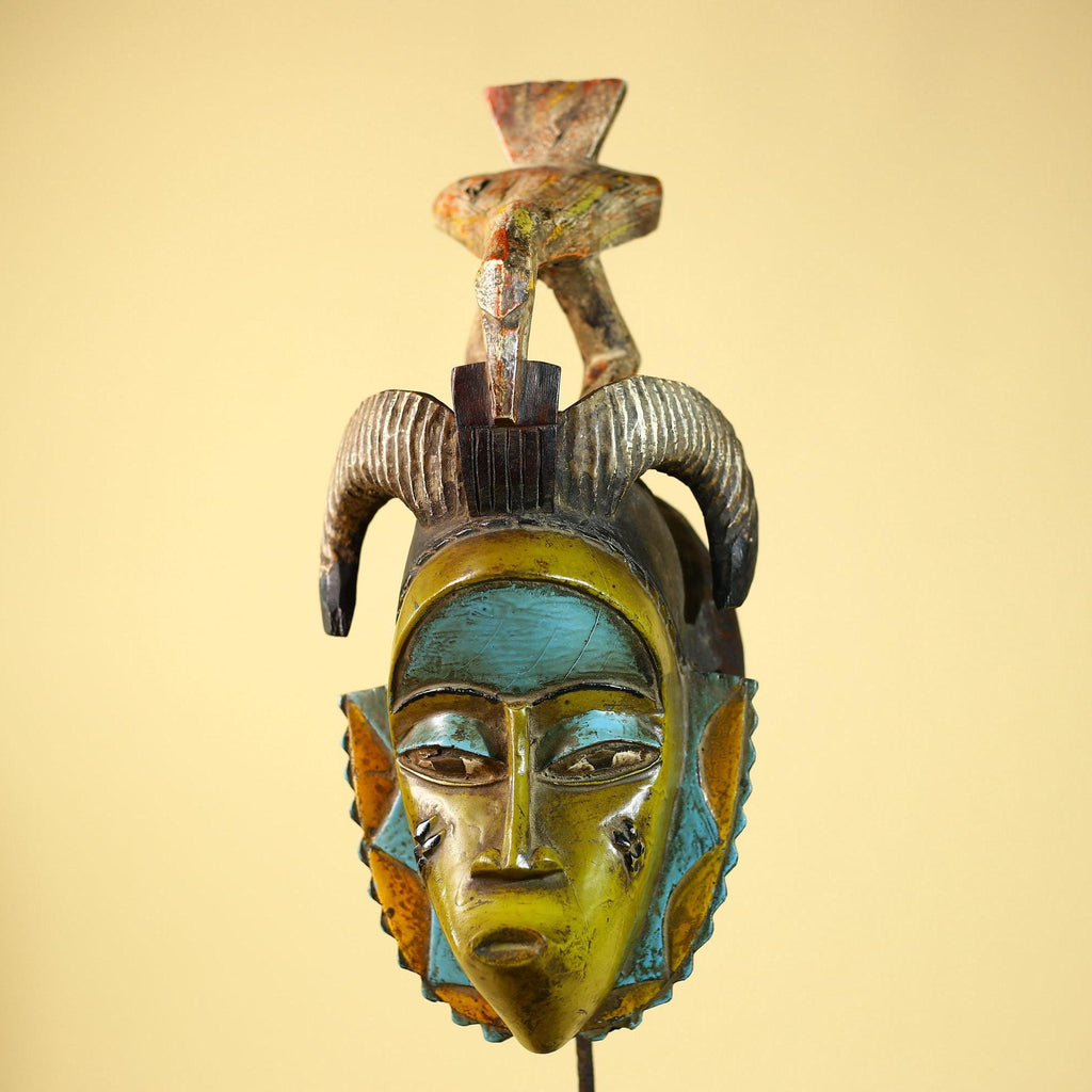 African Guro Face Mask Ram Horns & Bird Crest Hand Carved Tribal Art Decor-G6062