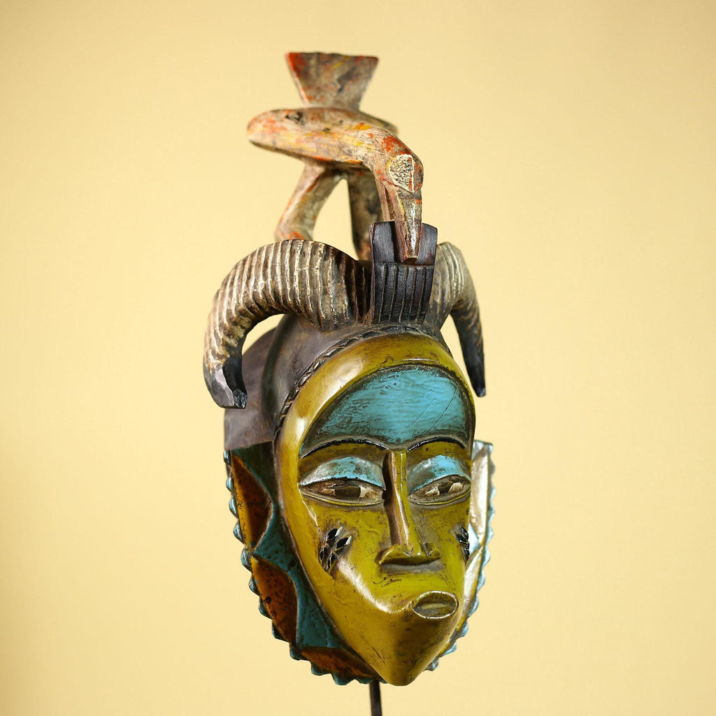 African Guro Face Mask Ram Horns & Bird Crest Hand Carved Tribal Art Decor-G6062