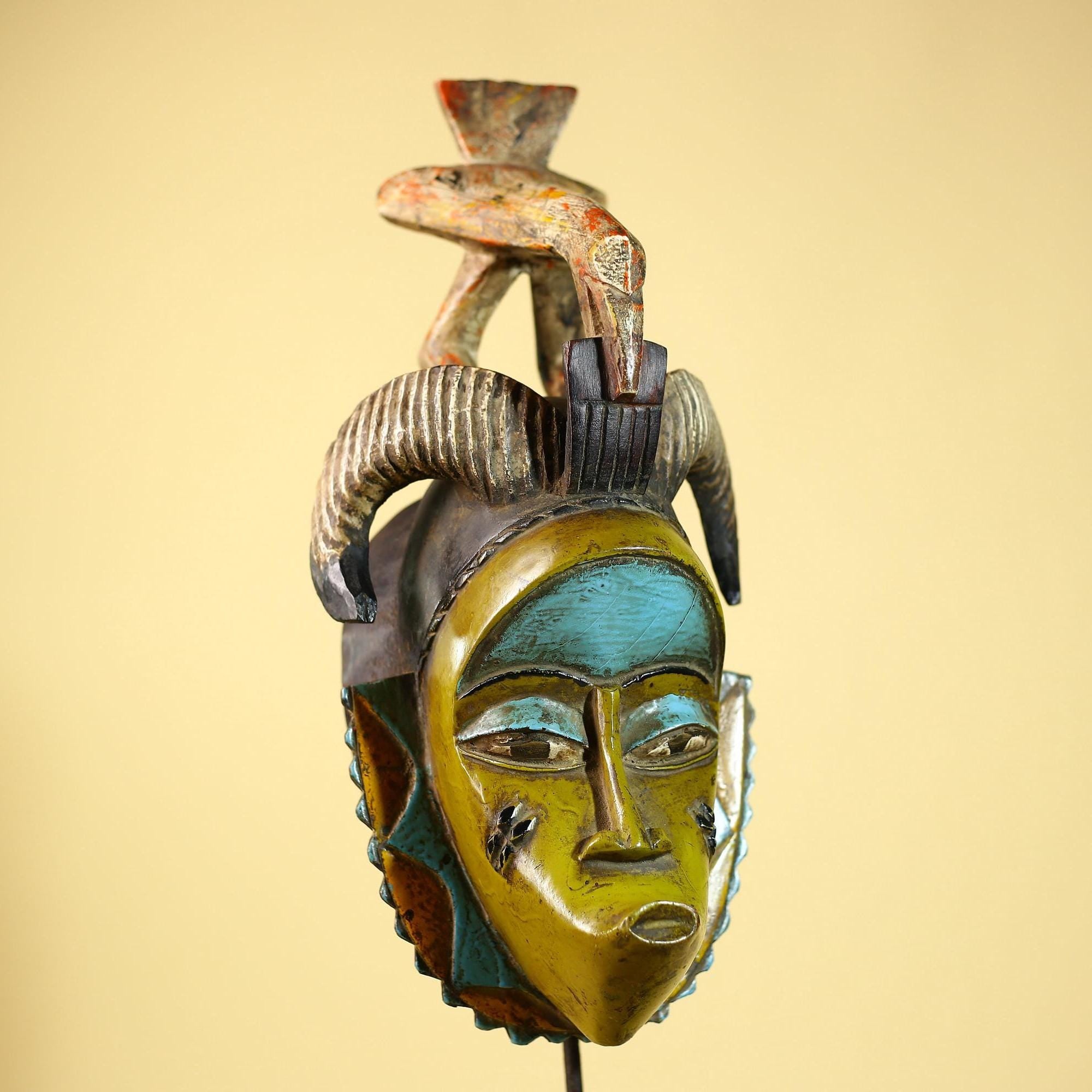 African Guro Face Mask Ram Horns & Bird Crest Hand Carved Tribal Art Decor-G6062