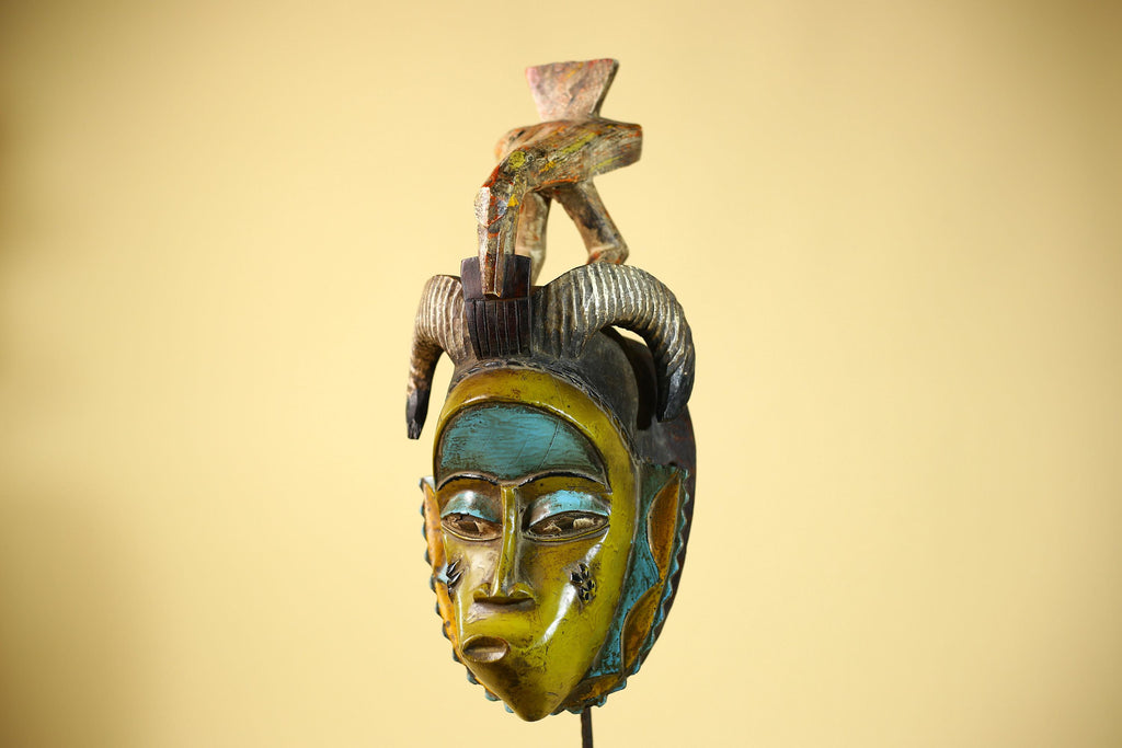 African Guro Face Mask Ram Horns & Bird Crest Hand Carved Tribal Art Decor-G6062