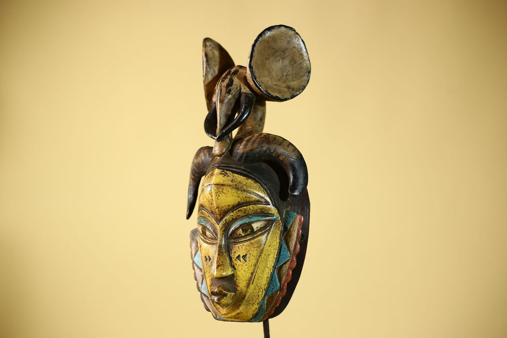 Vintage Guro Tribal Mask African Carved Ram Horn & elephant crest Wall Art-G6063
