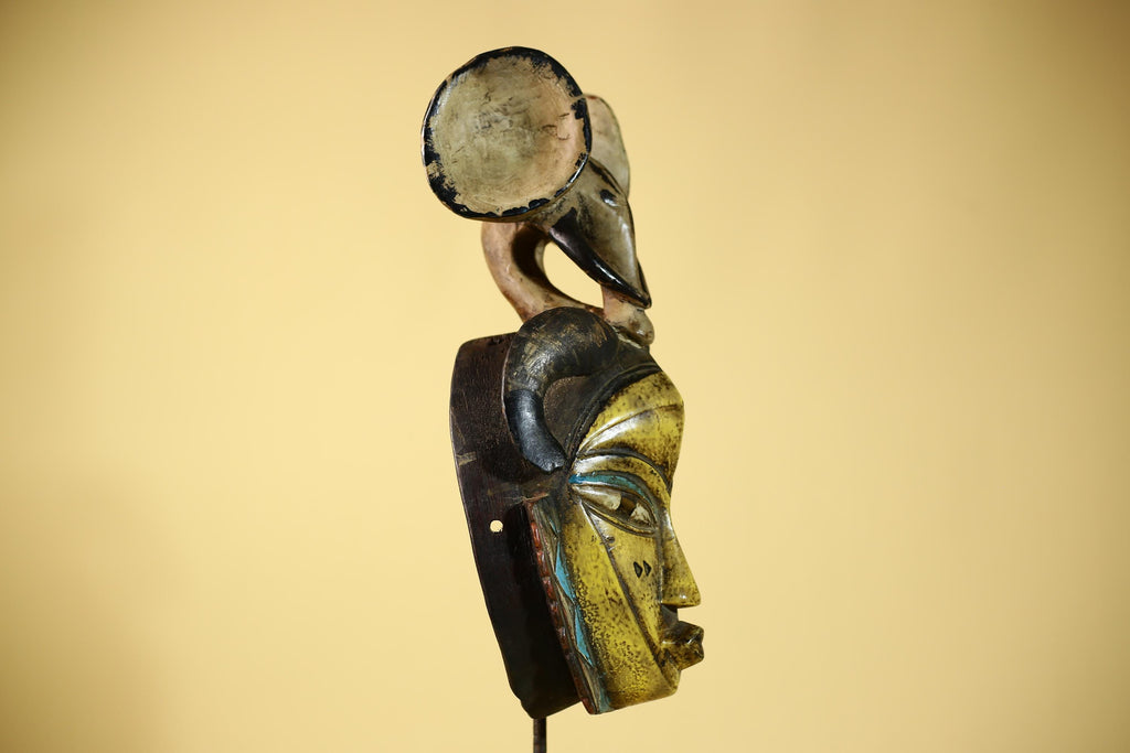 Vintage Guro Tribal Mask African Carved Ram Horn & elephant crest Wall Art-G6063