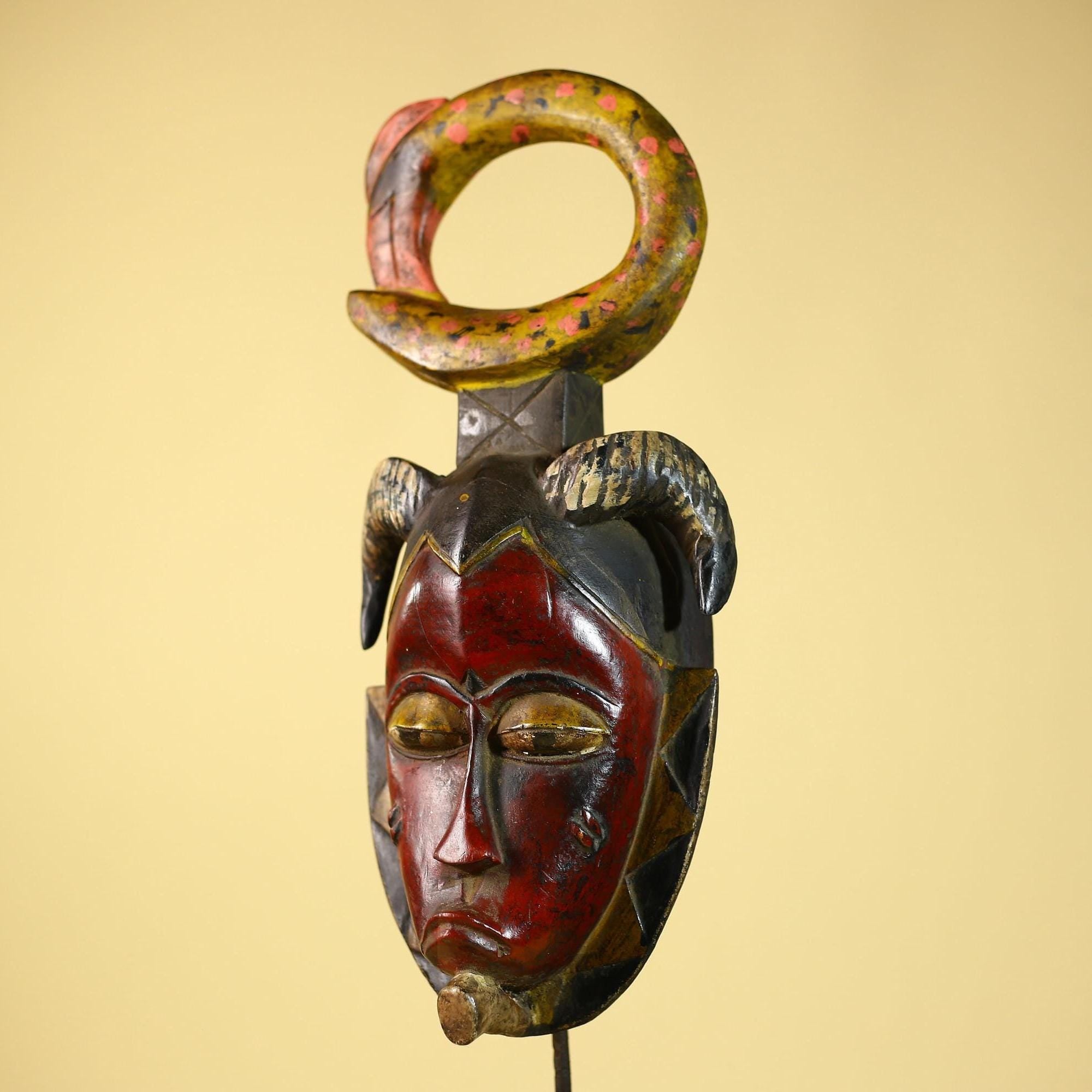 African Guro Tribal Mask  Wall Art Hand Carved Serpent Crest Home Decor-G6064