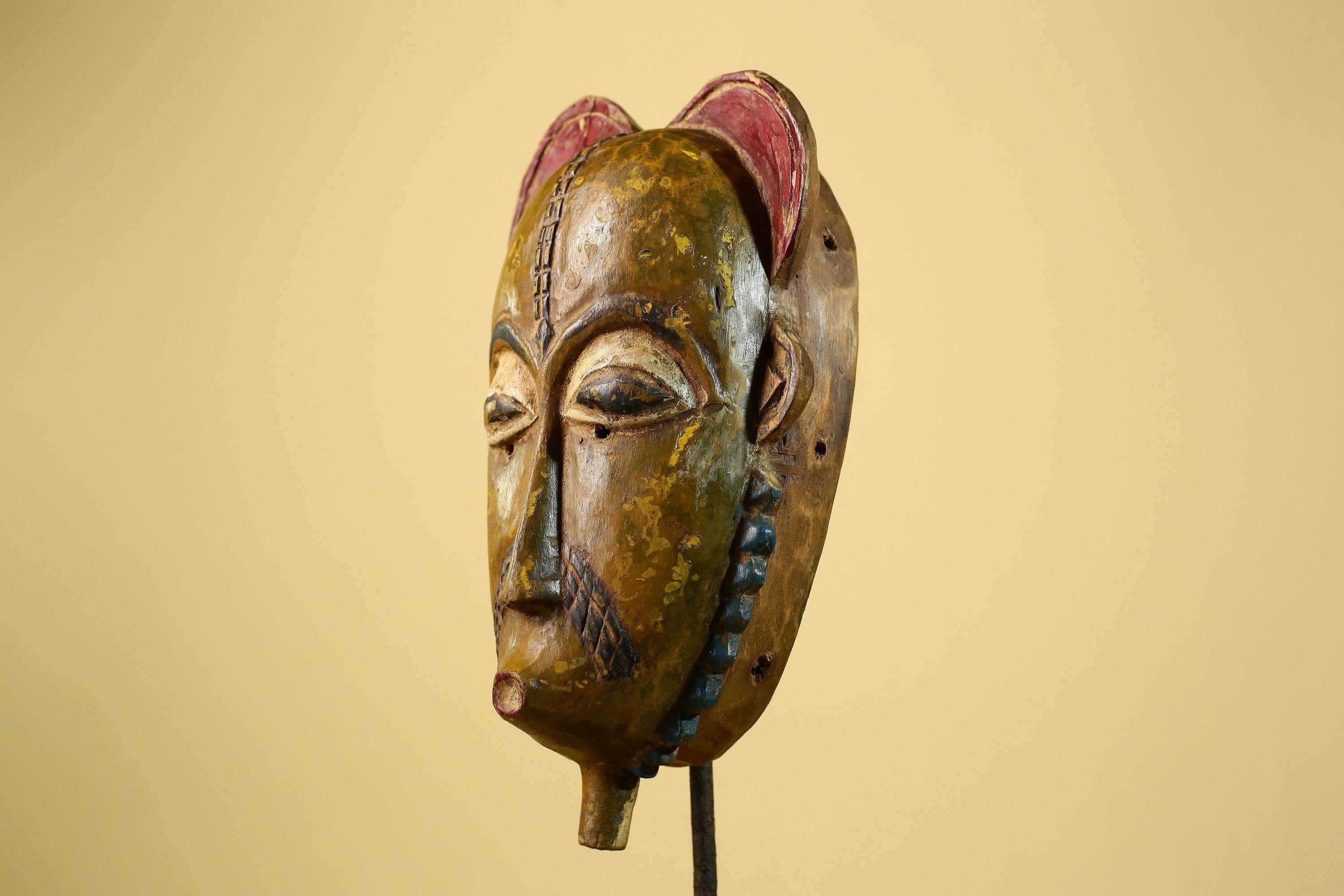 African Baule Mask Carved Wood Painted Tribal Art Côte d’Ivoire Vintage-G5954