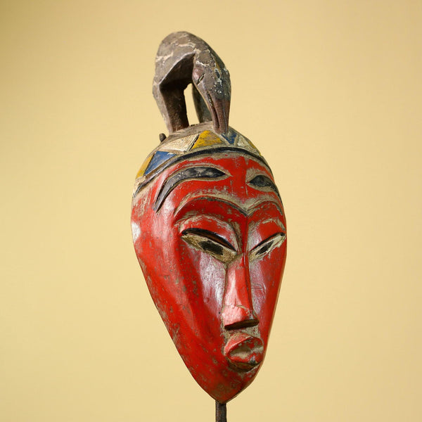 African Baule Mask Carved Wood Red Painted Tribal Art Côte d’Ivoire Vintage-G5956