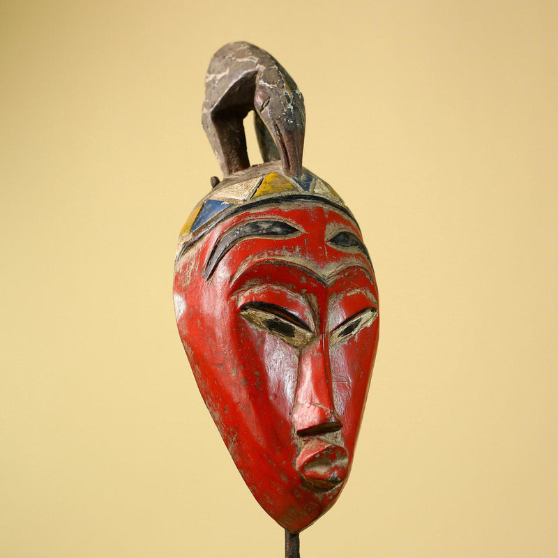African Baule Mask Carved Wood Red Painted Tribal Art Côte d’Ivoire Vintage-G5956
