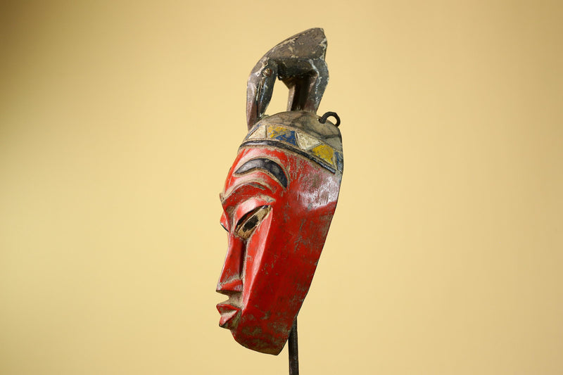 African Baule Mask Carved Wood Red Painted Tribal Art Côte d’Ivoire Vintage-G5956