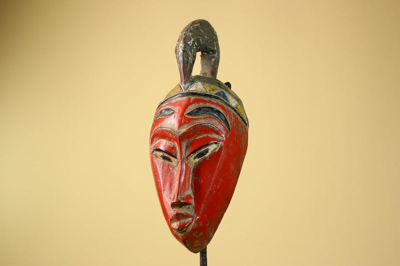 African Baule Mask Carved Wood Red Painted Tribal Art Côte d’Ivoire Vintage-G5956