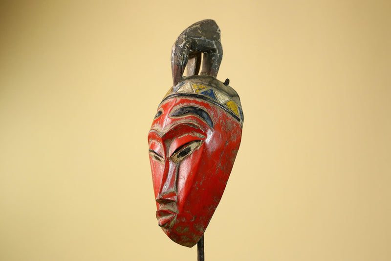 African Baule Mask Carved Wood Red Painted Tribal Art Côte d’Ivoire Vintage-G5956