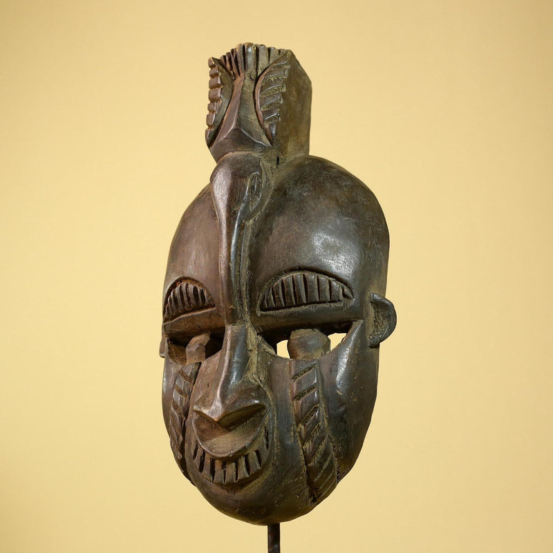 African Guro Mask Geometric Carved Dark Wood Tribal Art Côte d’Ivoire Handcrafted-G5957