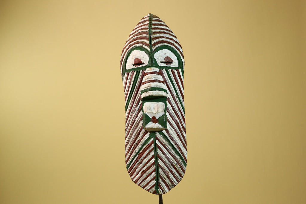 African Tribal Mask Carved Wood White Green Brown Stripe Pattern West Africa Art-G5962