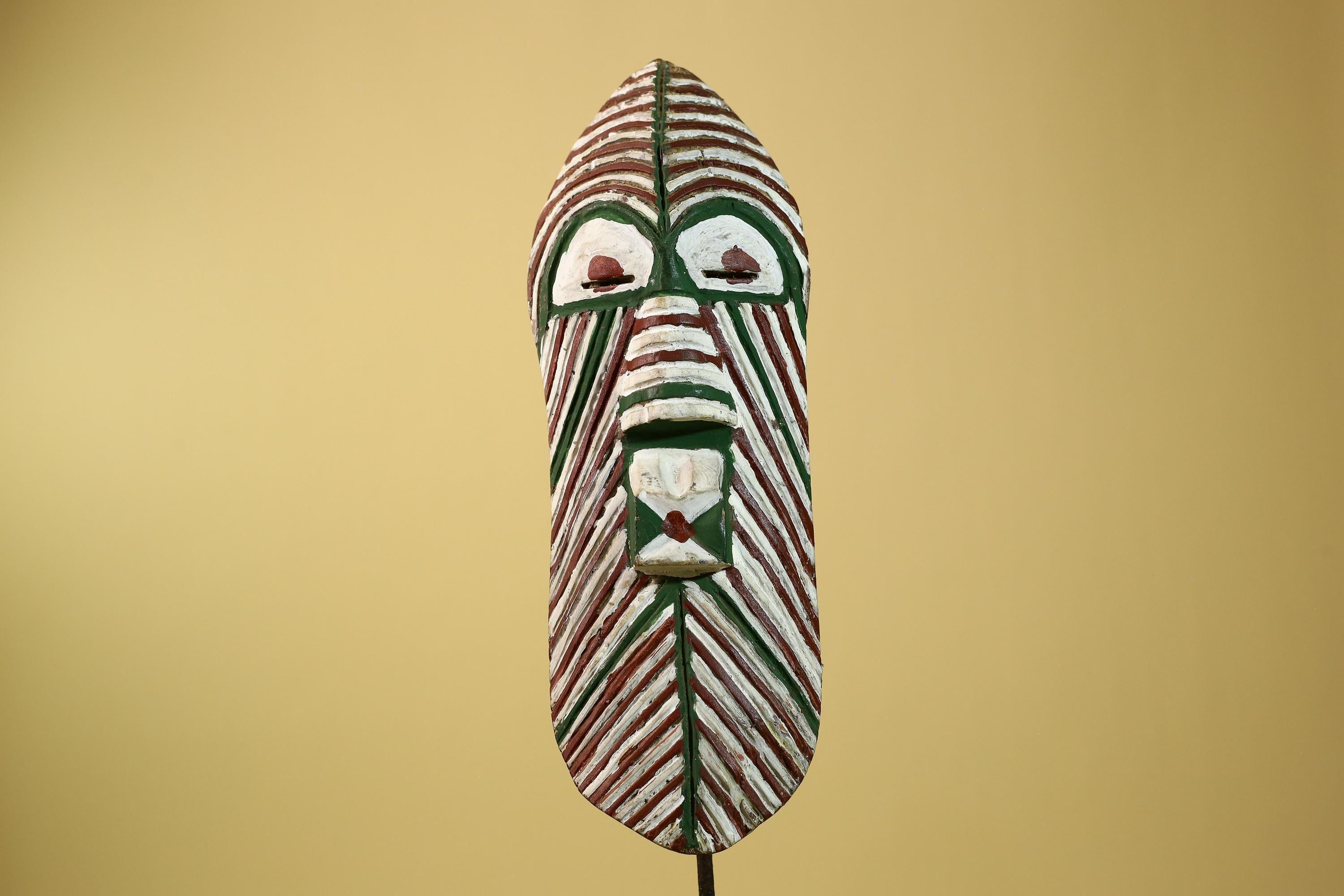 African Tribal Mask Carved Wood White Green Brown Stripe Pattern West Africa Art-G5962