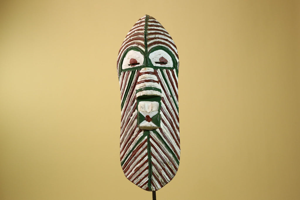 African Tribal Mask Carved Wood White Green Brown Stripe Pattern West Africa Art-G5962