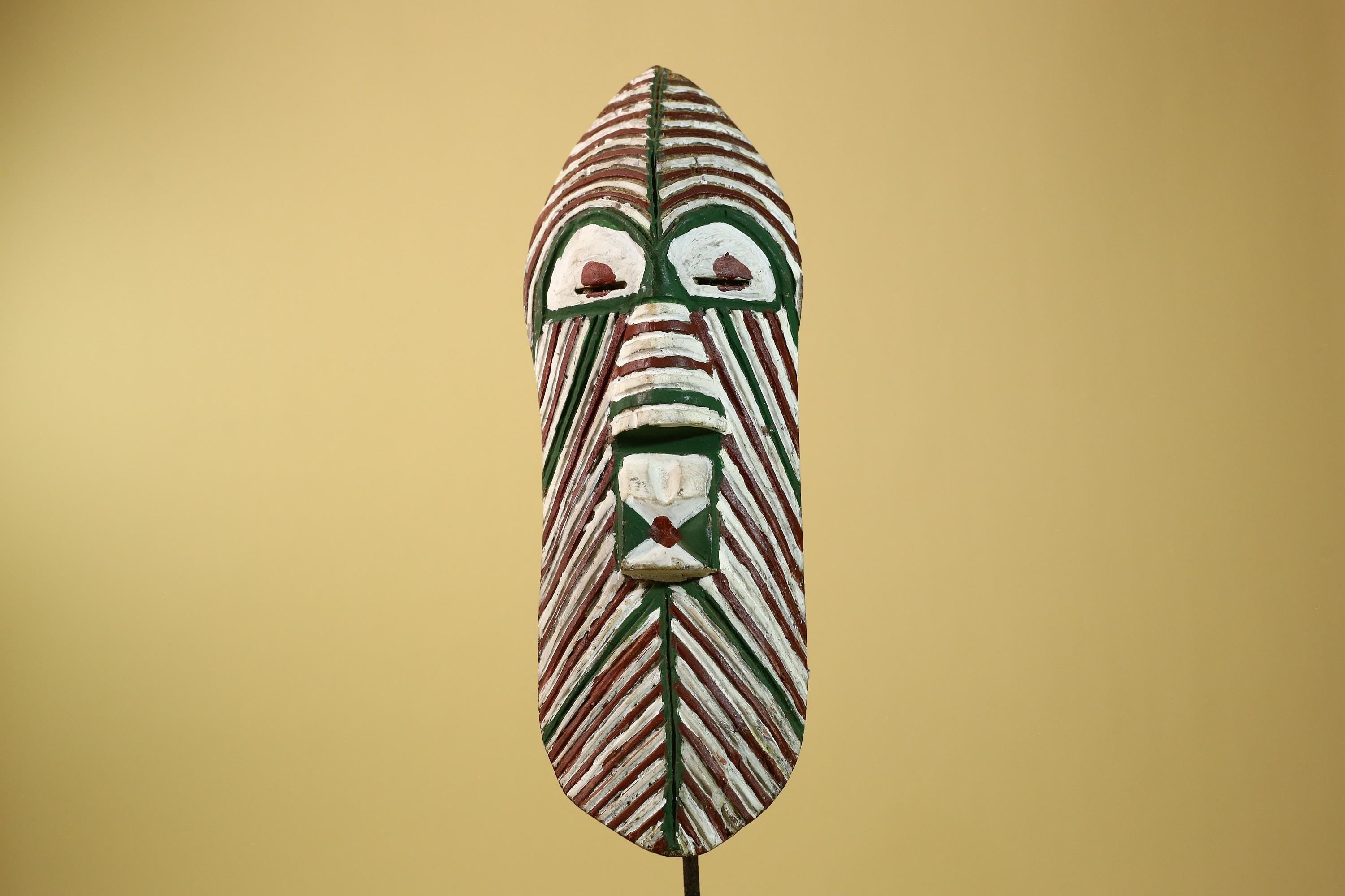 African Tribal Mask Carved Wood White Green Brown Stripe Pattern West Africa Art-G5962