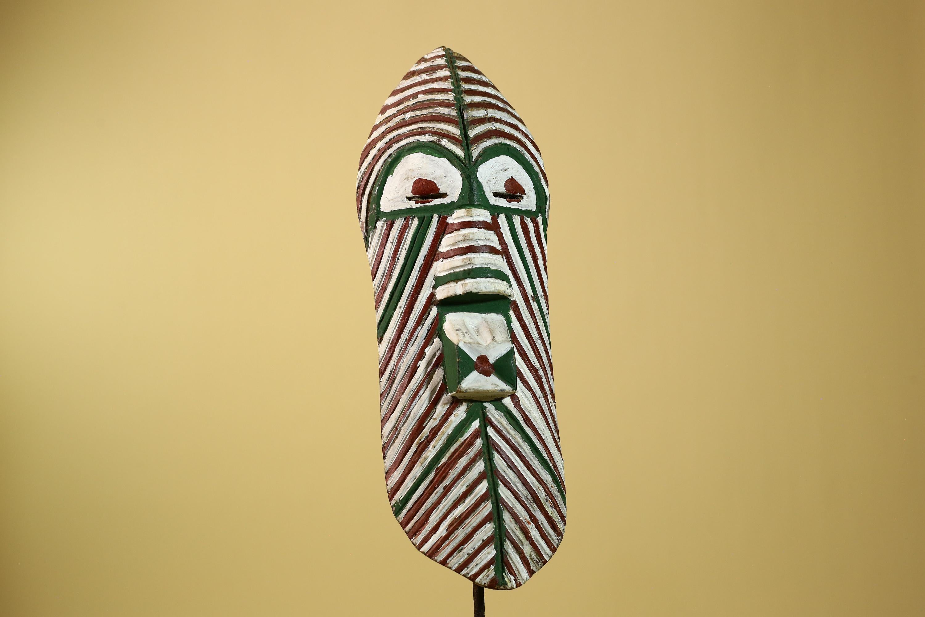 African Tribal Mask Carved Wood White Green Brown Stripe Pattern West Africa Art-G5962