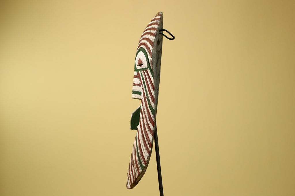 African Tribal Mask Carved Wood White Green Brown Stripe Pattern West Africa Art-G5962