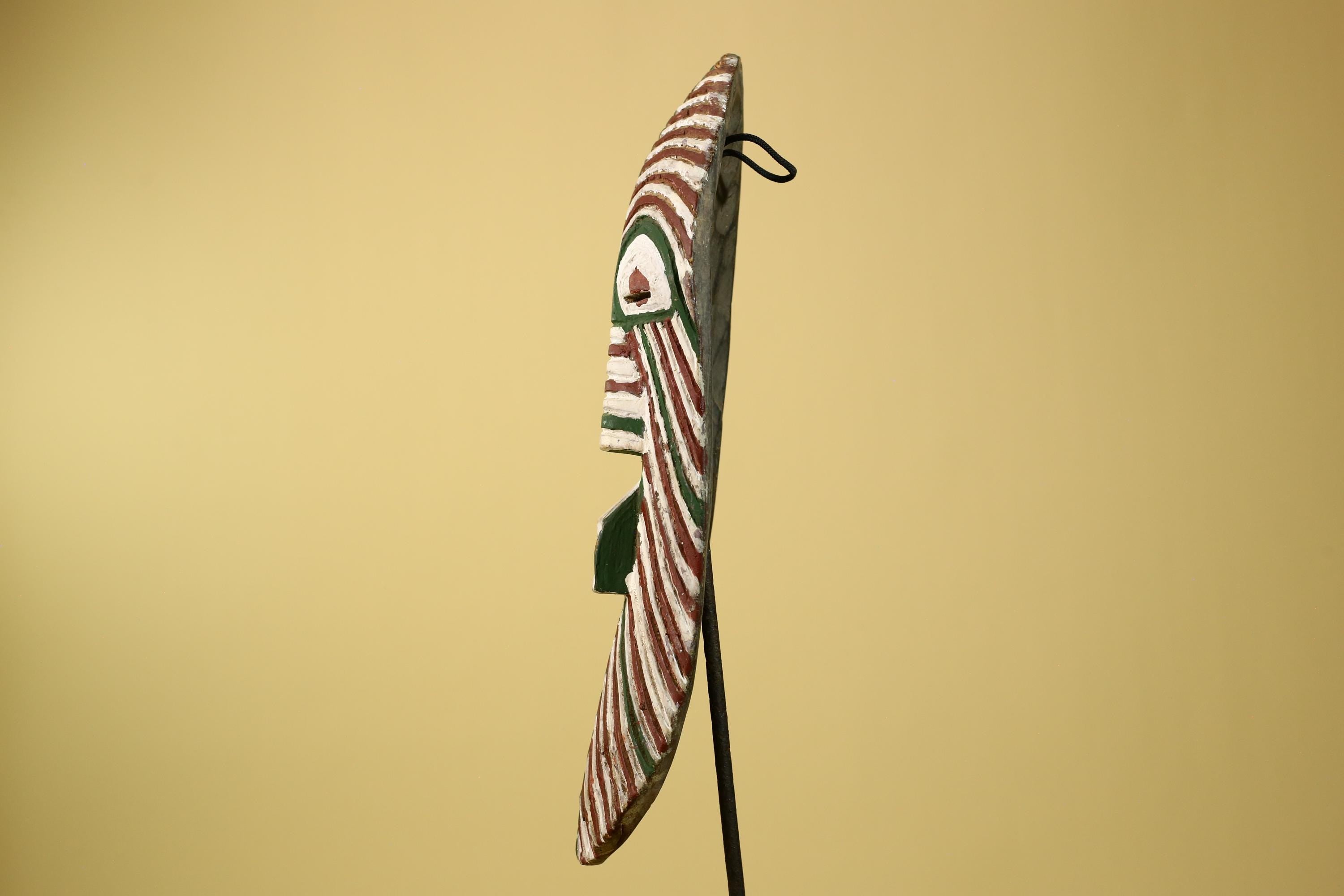 African Tribal Mask Carved Wood White Green Brown Stripe Pattern West Africa Art-G5962