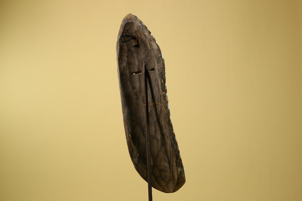 African Tribal Mask Carved Wood White Green Brown Stripe Pattern West Africa Art-G5962