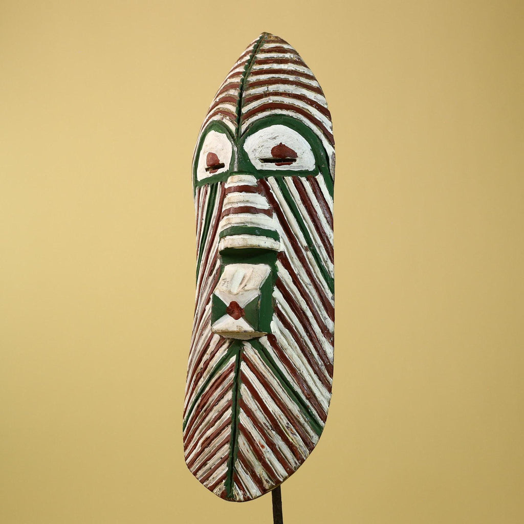 African Tribal Mask Carved Wood White Green Brown Stripe Pattern West Africa Art-G5962