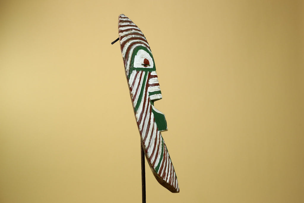 African Tribal Mask Carved Wood White Green Brown Stripe Pattern West Africa Art-G5962