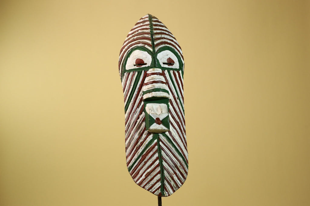 African Tribal Mask Carved Wood White Green Brown Stripe Pattern West Africa Art-G5962