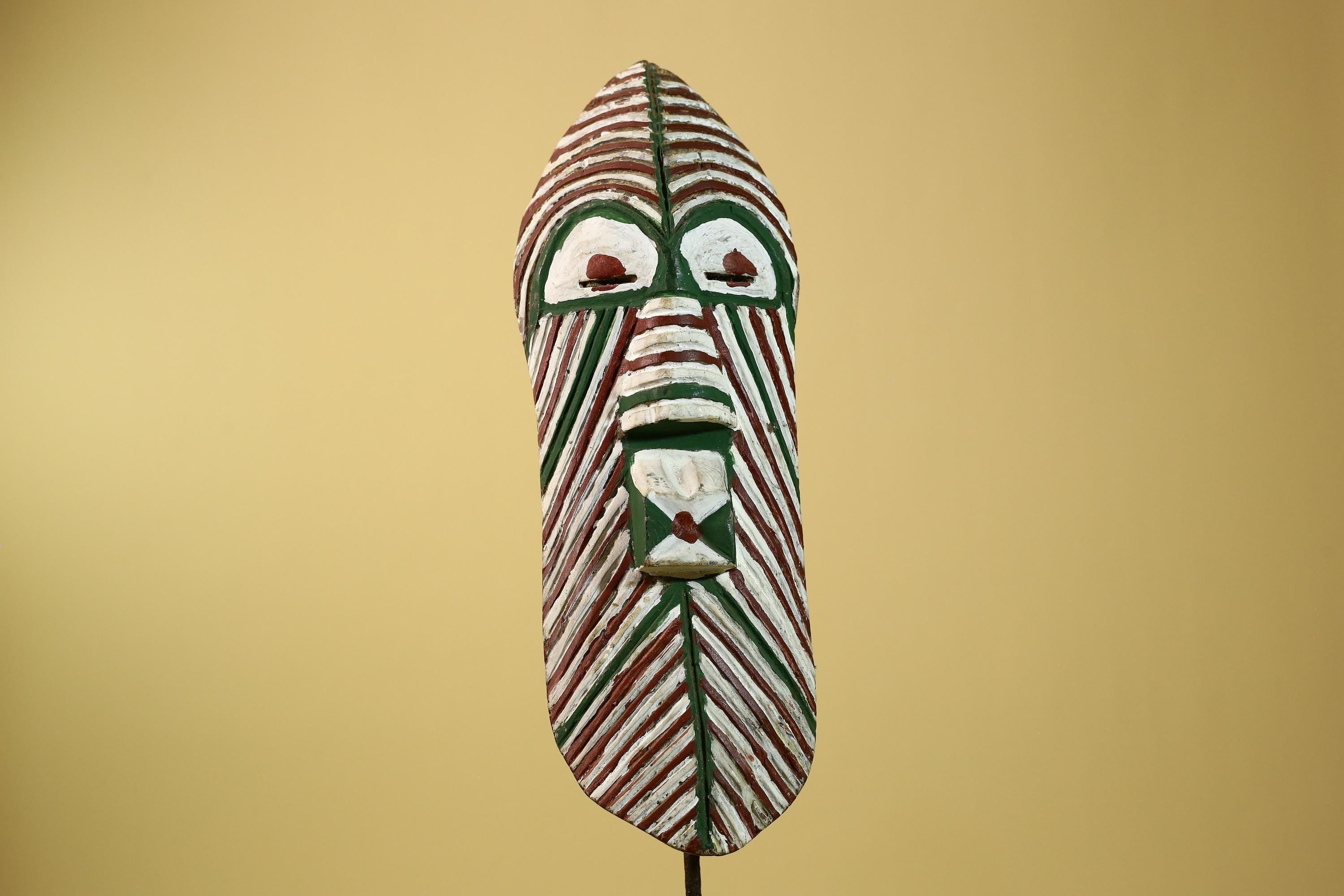 African Tribal Mask Carved Wood White Green Brown Stripe Pattern West Africa Art-G5962