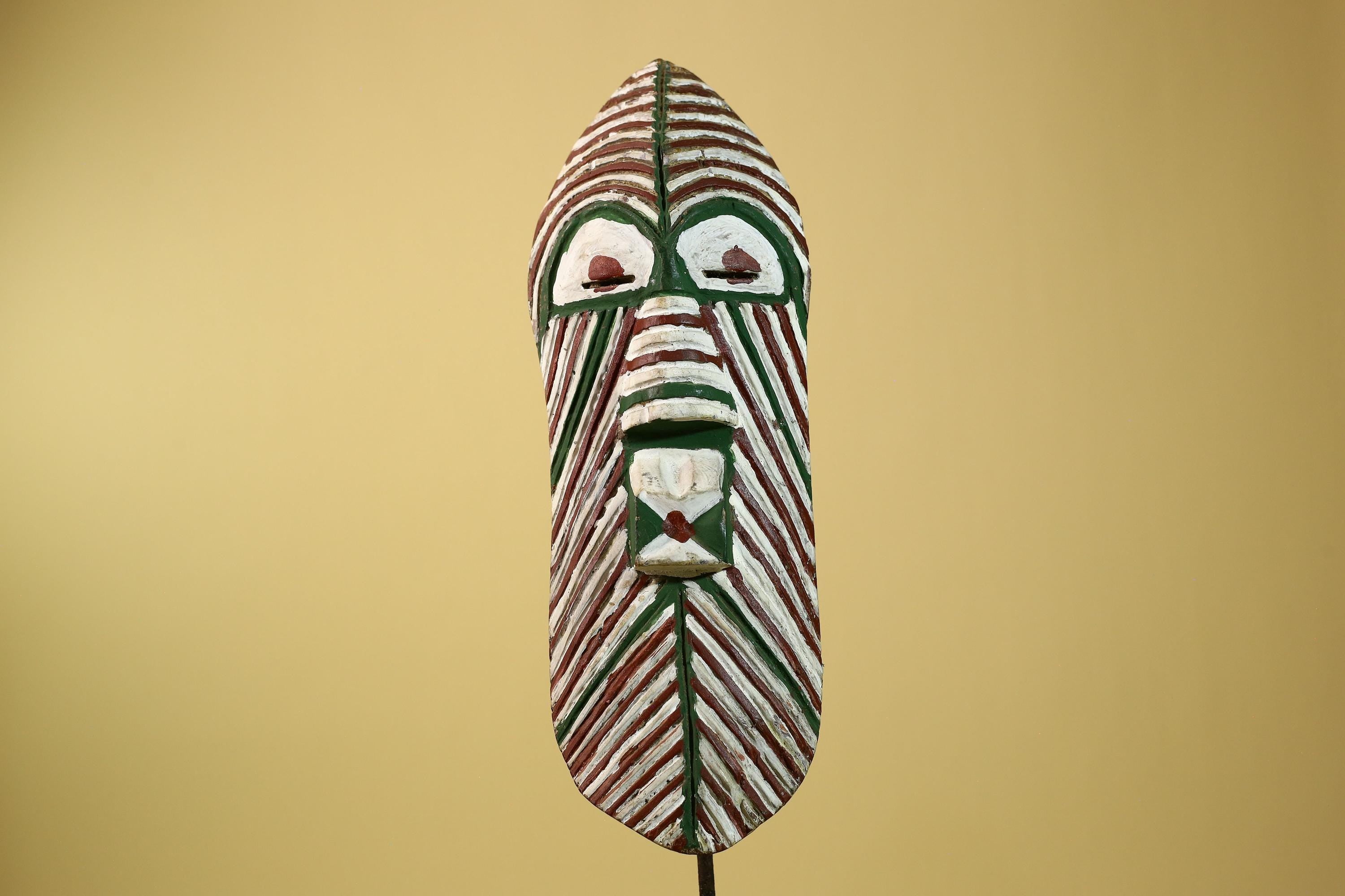 African Tribal Mask Carved Wood White Green Brown Stripe Pattern West Africa Art-G5962
