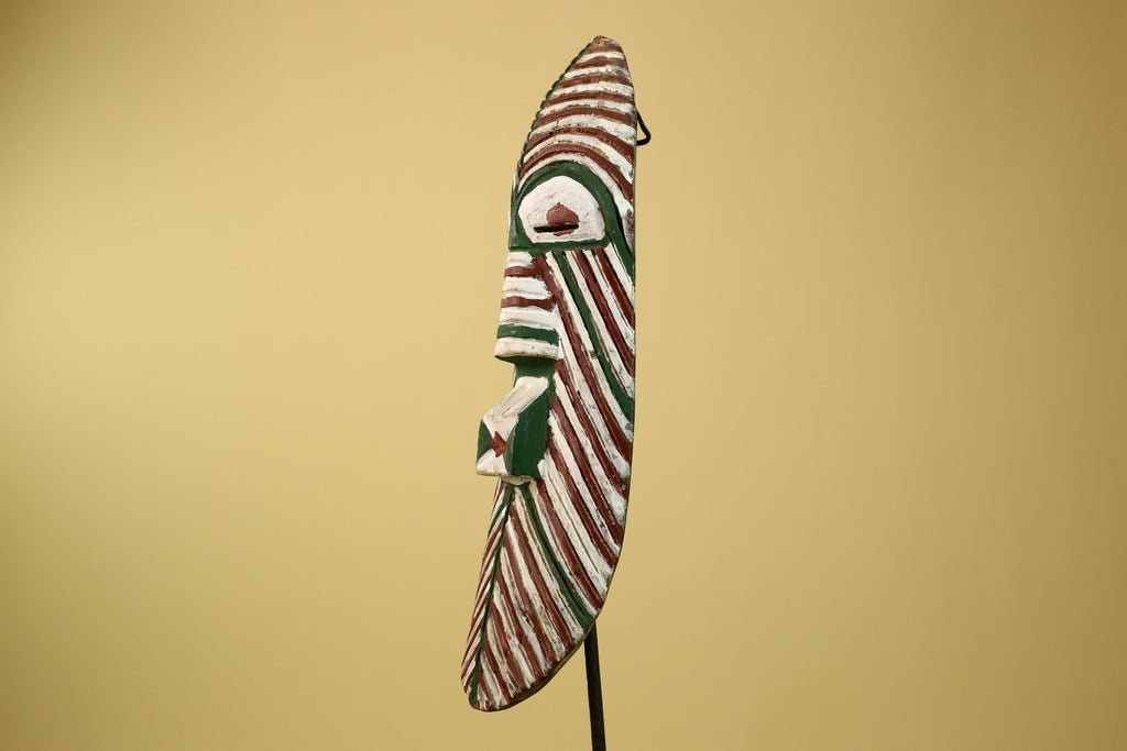 African Tribal Mask Carved Wood White Green Brown Stripe Pattern West Africa Art-G5962