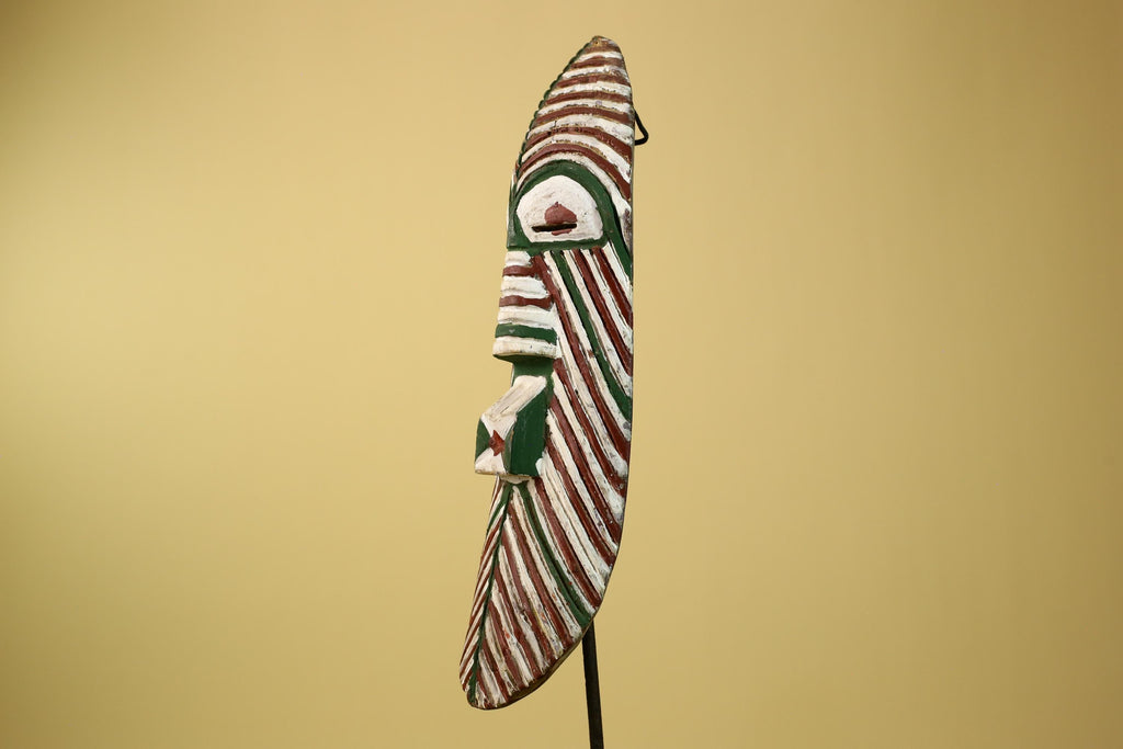 African Tribal Mask Carved Wood White Green Brown Stripe Pattern West Africa Art-G5962