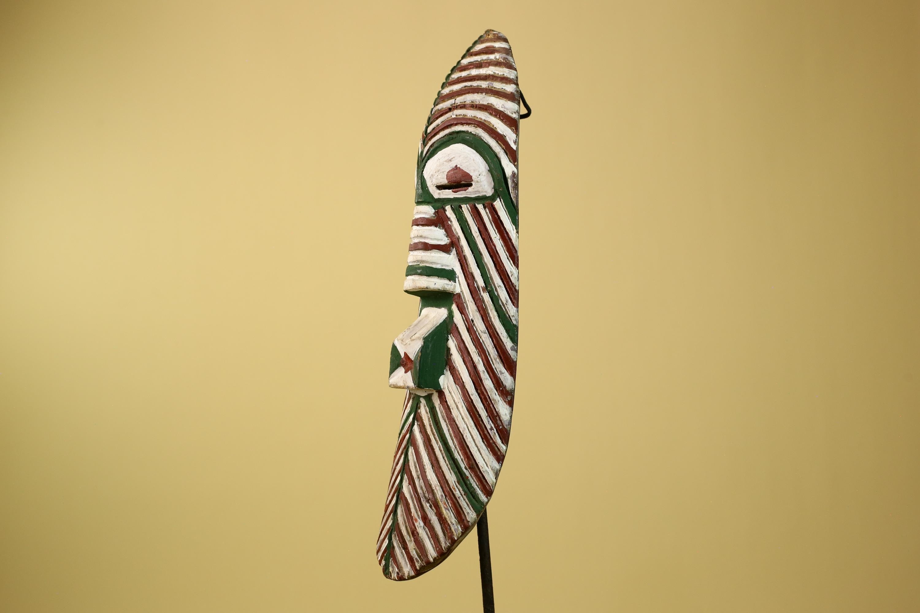 African Tribal Mask Carved Wood White Green Brown Stripe Pattern West Africa Art-G5962